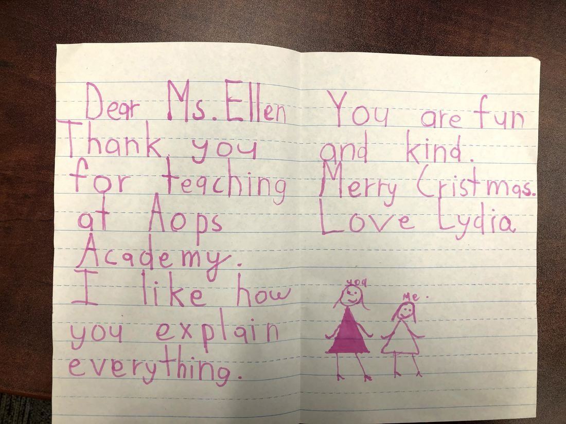 Handwritten note from Lydia, 2nd grade, AoPS Academy Santa Clara: Dear Ms. Ellen, thank you for teaching at AoPS Academy. I like how you explain everything. You are fun and kind.